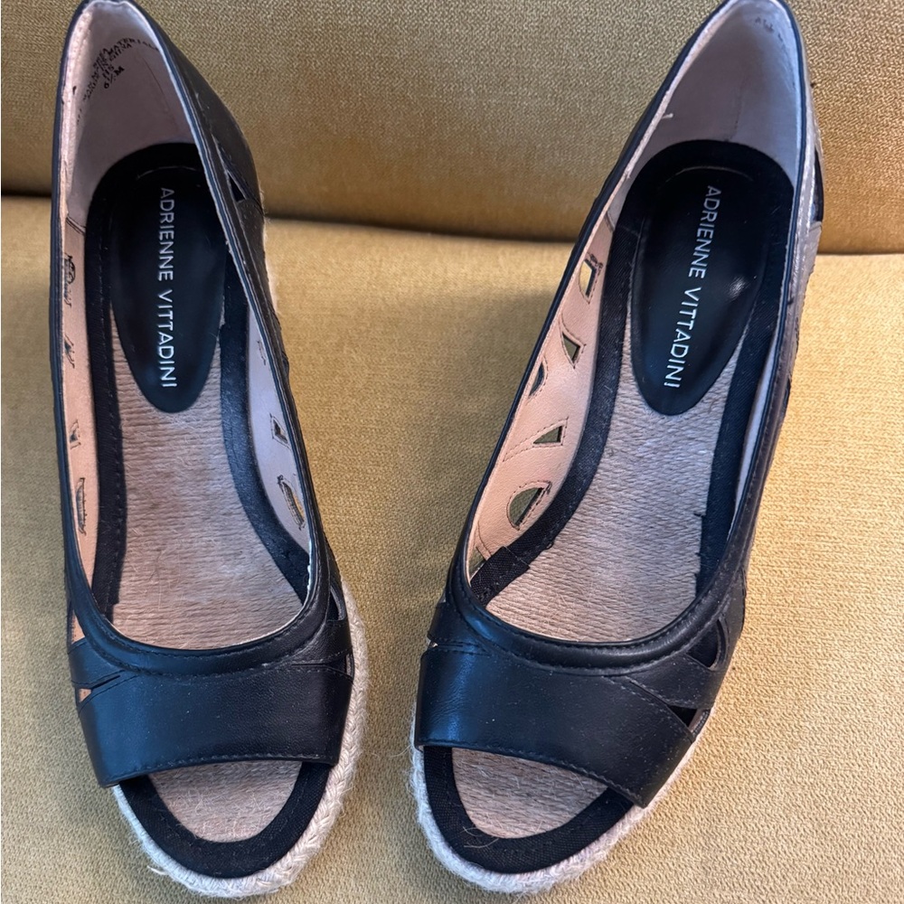 Adrienne Vittadini Black Espadrille Peep Toe Shoes 6.5